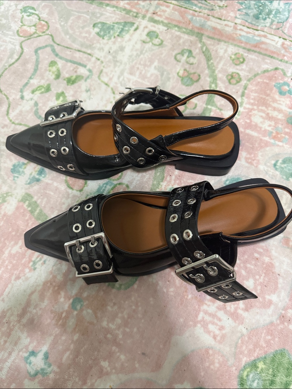 Amazon Black Patent Pointed Slingback Flats with Buckle and Grommet Detail